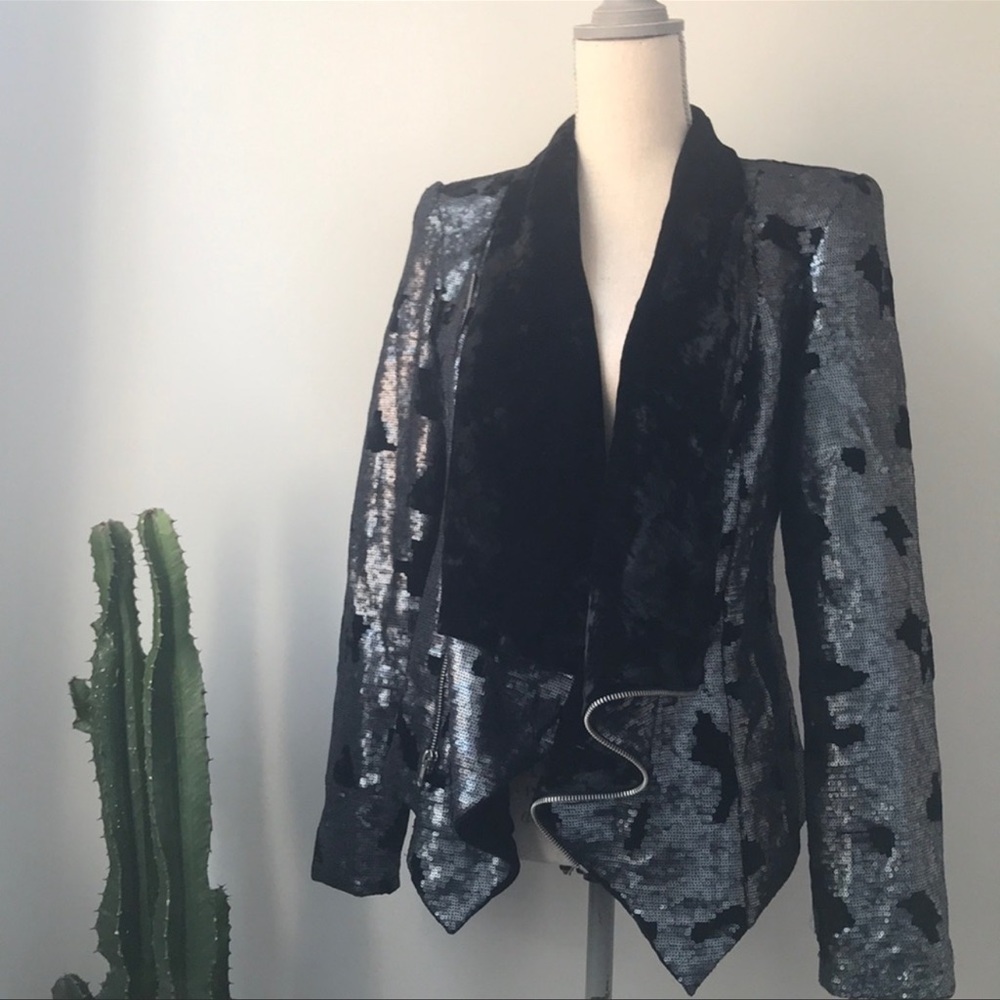 bebe Silver & Black Sequin Draped Jacket